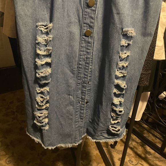 XXL blue Jean button down dress with rips down each front side - Picture 3 of 6